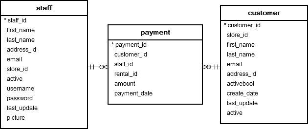 customer, payment and staff tables