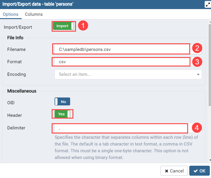 stripe to postgresql: import/export config box